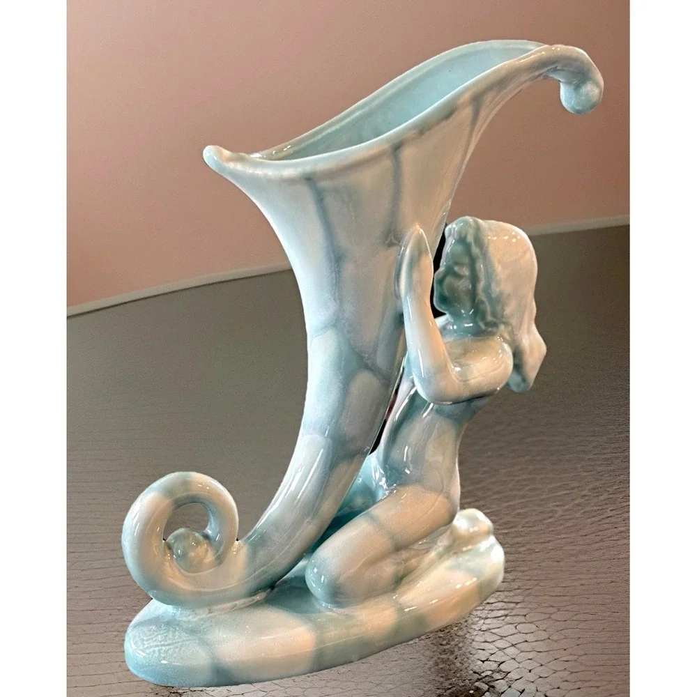 Vtg Haeger Cornucopia Nymph Vase Marbled Turquoise Aqua Blue 8